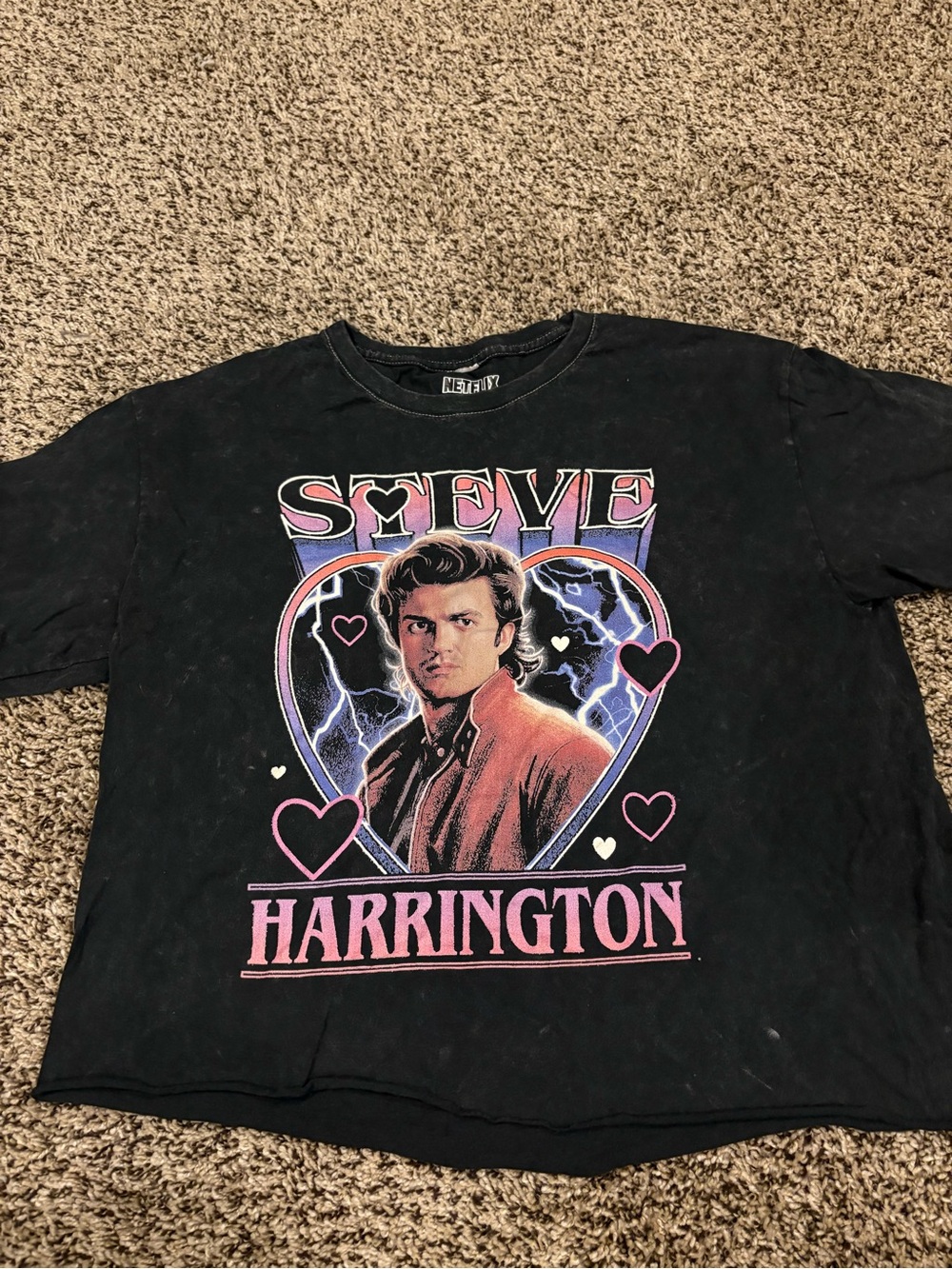Netflix Steve Harrington Retro Heart Graphic Tee - Black, Pink, Purple